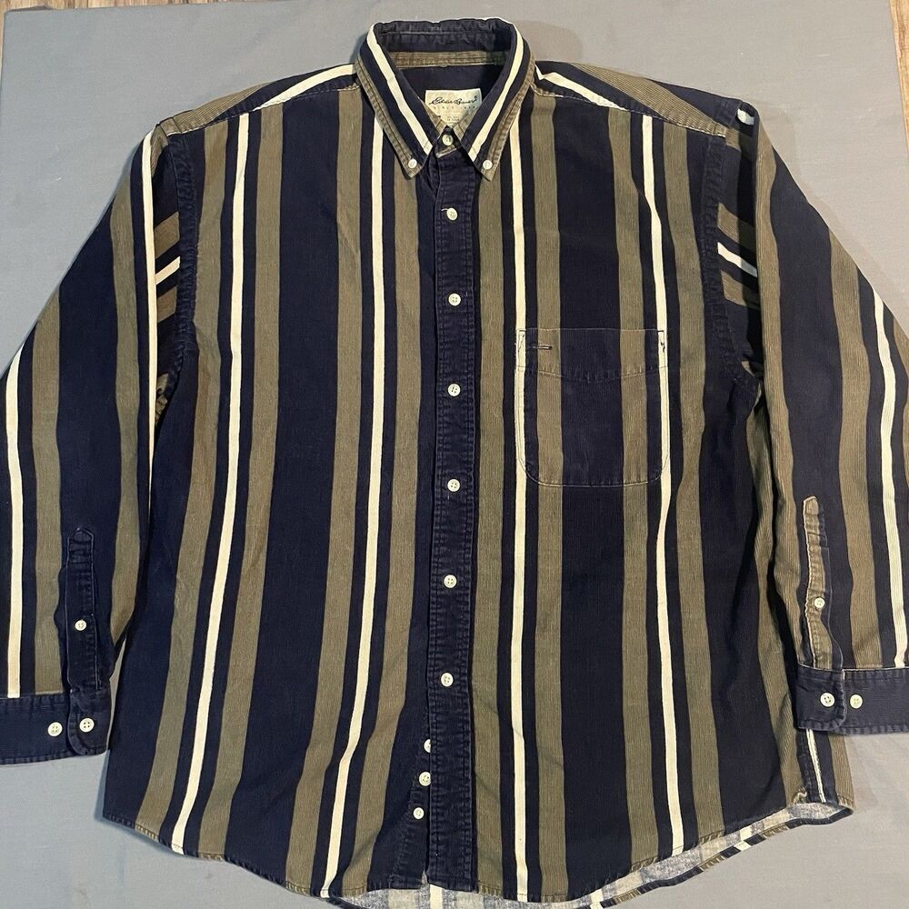 Vintage Eddie Bauer Shirt Mens XL Blue Striped Cotton Button Up Western 90s